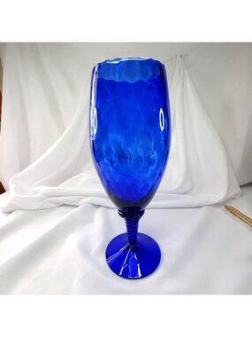Large Empoli Cobalt Blue Glass Goblet with Optic Pattern 12" Tall Twisted Stem